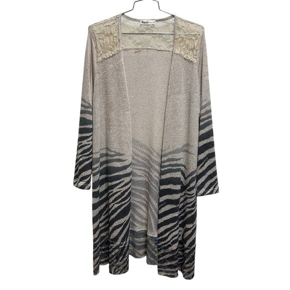 Vocal Lace Open Knit Cardigan Duster XL Cream Animal Print Long Line Boho Indie - Picture 1 of 7